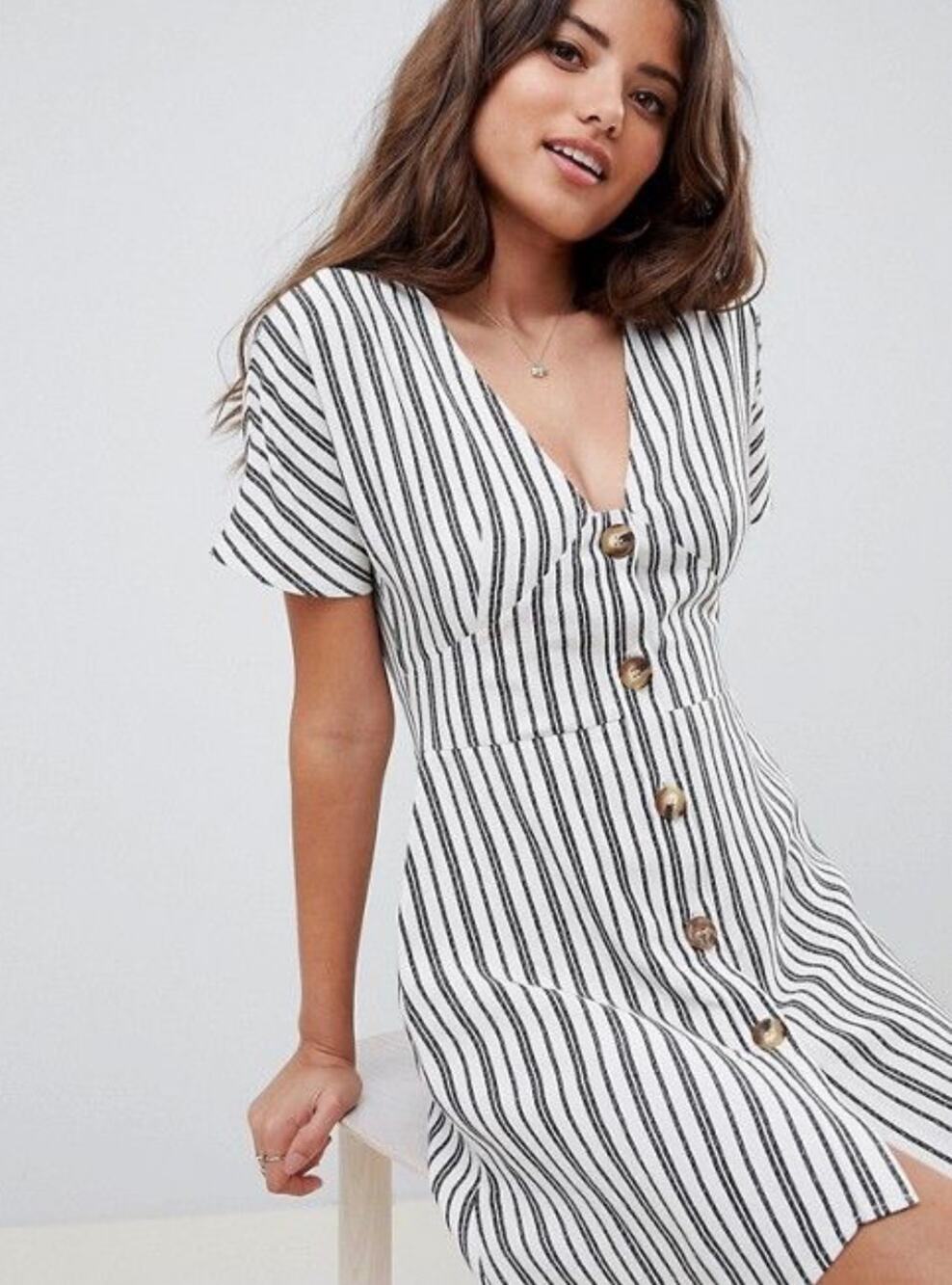 ASOS Striped Plunge Neck Button Shirt Dress | Size 6